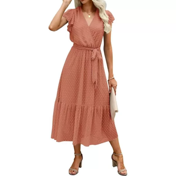imageBTFBM Women Summer Bohemian Floral Casual Wrap V Neck Ruffle Cap Sleeveless Belt ALine Pleated Hem Swing Midi Sun DressSwiss Dot Orange