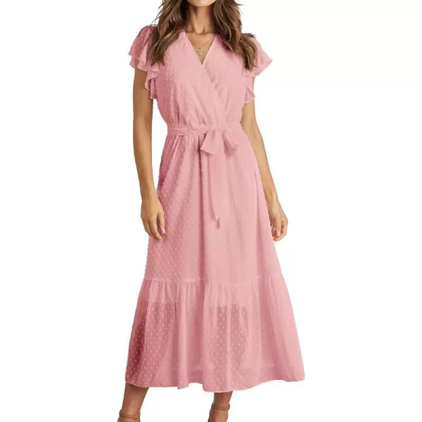 imageBTFBM Women Summer Bohemian Floral Casual Wrap V Neck Ruffle Cap Sleeveless Belt ALine Pleated Hem Swing Midi Sun DressSwiss Dot Pink