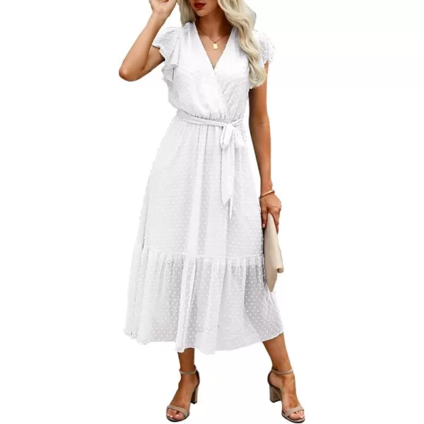 imageBTFBM Women Summer Bohemian Floral Casual Wrap V Neck Ruffle Cap Sleeveless Belt ALine Pleated Hem Swing Midi Sun DressSwiss Dot White