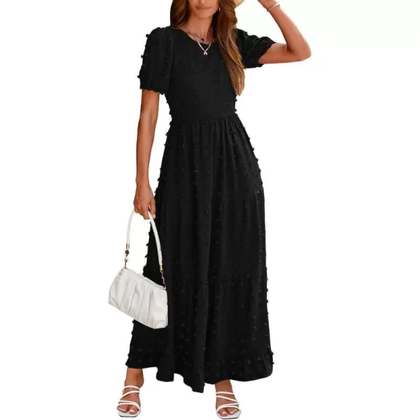imageBTFBM Women Summer Boho Maxi Dress Casual Short Sleeve Swiss Dot A Line Ruffle Tiered Flowy Long Dresses with PocketSwiss Dot Black