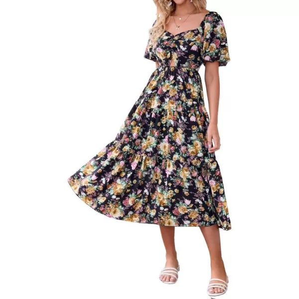 imageBTFBM Women Summer Dresses 2023 Casual Flowy Beach Square Neck Puff Short Sleeve Smocked Back Boho Floral Long Maxi DressFloral Black Yellow