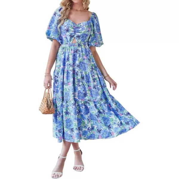 imageBTFBM Women Summer Dresses 2023 Casual Flowy Beach Square Neck Puff Short Sleeve Smocked Back Boho Floral Long Maxi DressFloral Blue