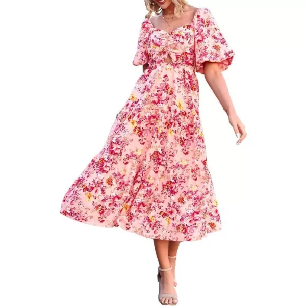 imageBTFBM Women Summer Dresses 2023 Casual Flowy Beach Square Neck Puff Short Sleeve Smocked Back Boho Floral Long Maxi DressFloral Pink Red