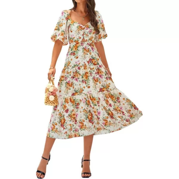 imageBTFBM Women Summer Dresses 2023 Casual Flowy Beach Square Neck Puff Short Sleeve Smocked Back Boho Floral Long Maxi DressFloral White Orange