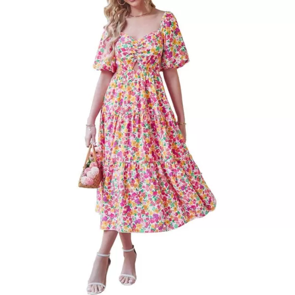 imageBTFBM Women Summer Dresses 2023 Casual Flowy Beach Square Neck Puff Short Sleeve Smocked Back Boho Floral Long Maxi DressFloral White Red