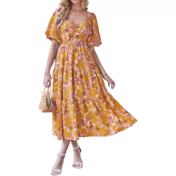 imageBTFBM Women Summer Dresses 2023 Casual Flowy Beach Square Neck Puff Short Sleeve Smocked Back Boho Floral Long Maxi DressFloral Yellow
