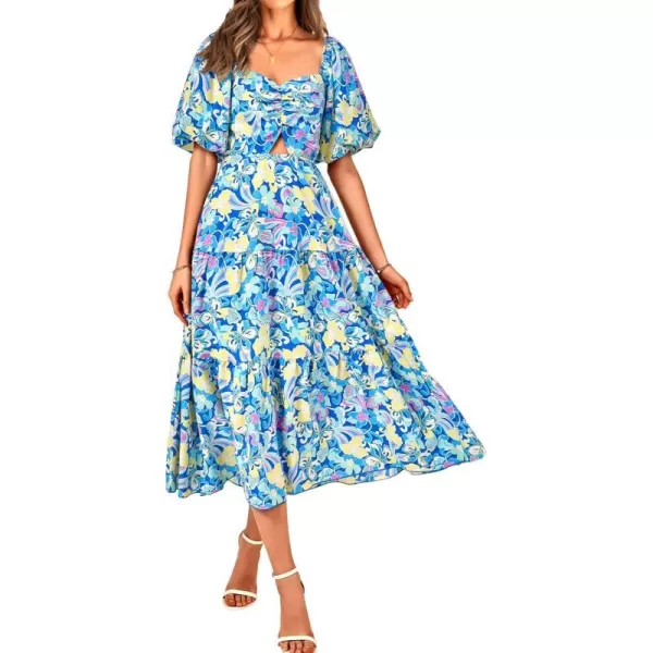 imageBTFBM Women Summer Dresses 2023 Casual Flowy Beach Square Neck Puff Short Sleeve Smocked Back Boho Floral Long Maxi DressPrint Blue
