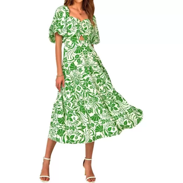 imageBTFBM Women Summer Dresses 2023 Casual Flowy Beach Square Neck Puff Short Sleeve Smocked Back Boho Floral Long Maxi DressPrint Grass Green