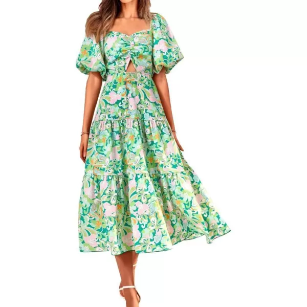 imageBTFBM Women Summer Dresses 2023 Casual Flowy Beach Square Neck Puff Short Sleeve Smocked Back Boho Floral Long Maxi DressPrint Green