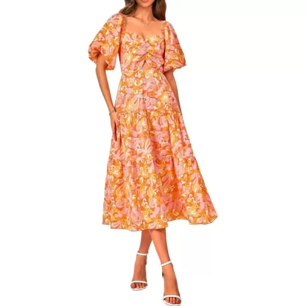 imageBTFBM Women Summer Dresses 2023 Casual Flowy Beach Square Neck Puff Short Sleeve Smocked Back Boho Floral Long Maxi DressPrint Orange