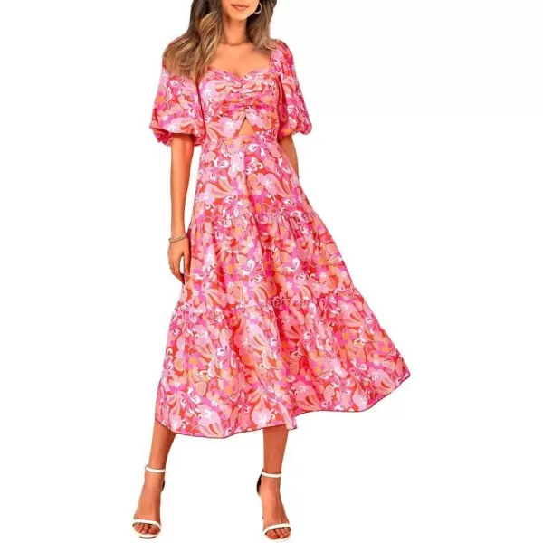imageBTFBM Women Summer Dresses 2023 Casual Flowy Beach Square Neck Puff Short Sleeve Smocked Back Boho Floral Long Maxi DressPrint Pink