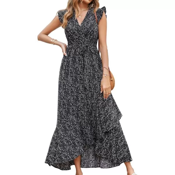 imageBTFBM Women Summer Dresses 2023 Ruffle Cap Sleeve V Neck Belt Wrap Split Boho Floral Long Casual Party Beach Maxi DressFloral Black
