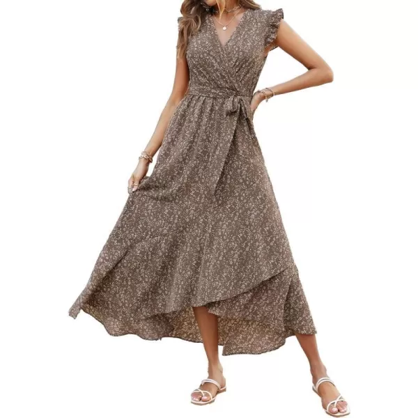 imageBTFBM Women Summer Dresses 2023 Ruffle Cap Sleeve V Neck Belt Wrap Split Boho Floral Long Casual Party Beach Maxi DressFloral Brown