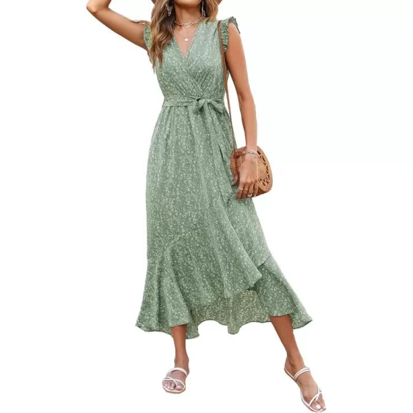 imageBTFBM Women Summer Dresses 2023 Ruffle Cap Sleeve V Neck Belt Wrap Split Boho Floral Long Casual Party Beach Maxi DressFloral Green