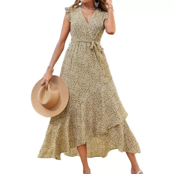 imageBTFBM Women Summer Dresses 2023 Ruffle Cap Sleeve V Neck Belt Wrap Split Boho Floral Long Casual Party Beach Maxi DressFloral Khaki