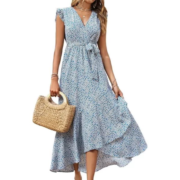 imageBTFBM Women Summer Dresses 2023 Ruffle Cap Sleeve V Neck Belt Wrap Split Boho Floral Long Casual Party Beach Maxi DressFloral Print Blue