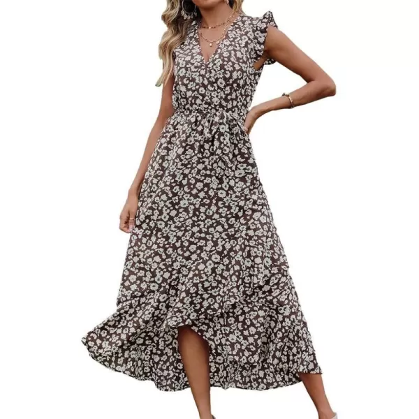 imageBTFBM Women Summer Dresses 2023 Ruffle Cap Sleeve V Neck Belt Wrap Split Boho Floral Long Casual Party Beach Maxi DressFloral Print Brown Apricot