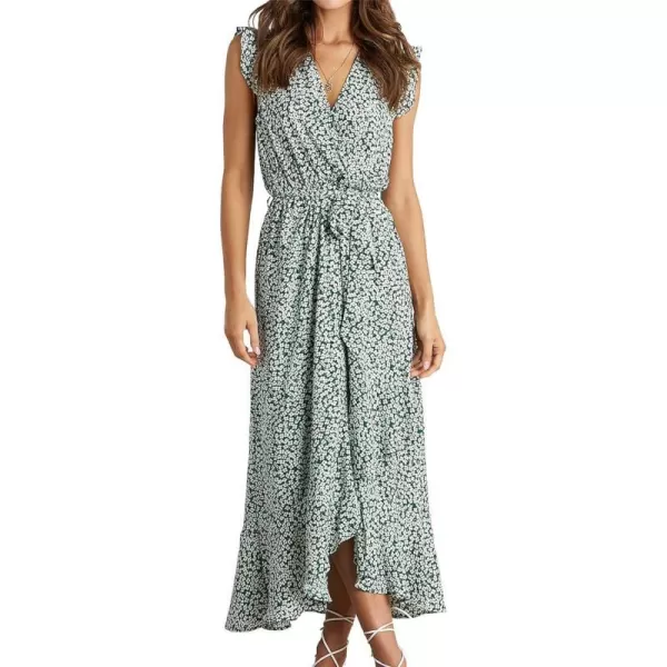 imageBTFBM Women Summer Dresses 2023 Ruffle Cap Sleeve V Neck Belt Wrap Split Boho Floral Long Casual Party Beach Maxi DressFloral Print Green