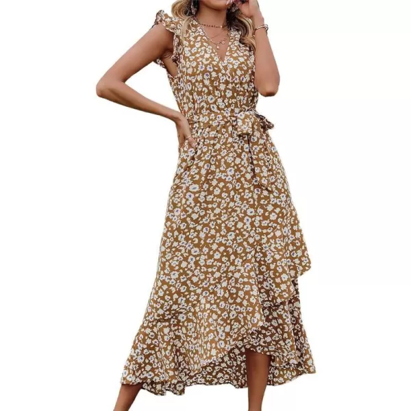 imageBTFBM Women Summer Dresses 2023 Ruffle Cap Sleeve V Neck Belt Wrap Split Boho Floral Long Casual Party Beach Maxi DressFloral Print Yellow