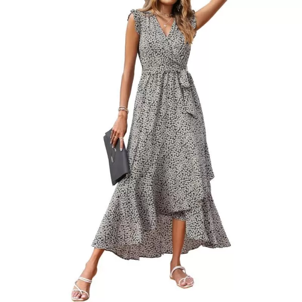 imageBTFBM Women Summer Dresses 2023 Ruffle Cap Sleeve V Neck Belt Wrap Split Boho Floral Long Casual Party Beach Maxi DressFloral White