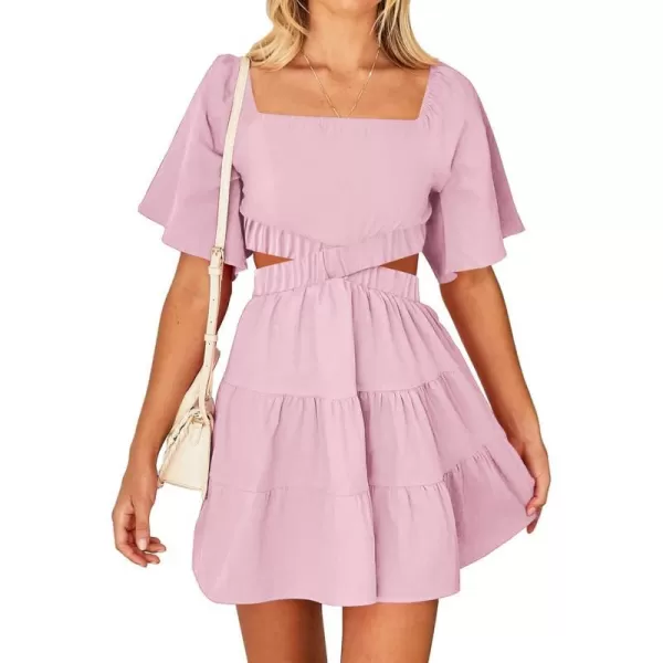 imageBTFBM Women Summer Dresses 2023 Square Neck Short Sleeve Cutout Crossover Waist Casual Party Tiered ALine Mini DressSolid Pink