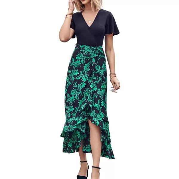 imageBTFBM Women Summer Long Dresses 2023 Short Sleeve V Neck Boho Floral Print Tie Waist High Low Ruffle Cocktail Maxi DressBig Floral Black Green