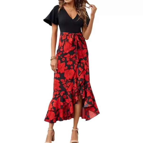 imageBTFBM Women Summer Long Dresses 2023 Short Sleeve V Neck Boho Floral Print Tie Waist High Low Ruffle Cocktail Maxi DressBig Floral Black Red