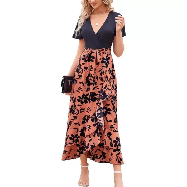 imageBTFBM Women Summer Long Dresses 2023 Short Sleeve V Neck Boho Floral Print Tie Waist High Low Ruffle Cocktail Maxi DressBig Floral Brown