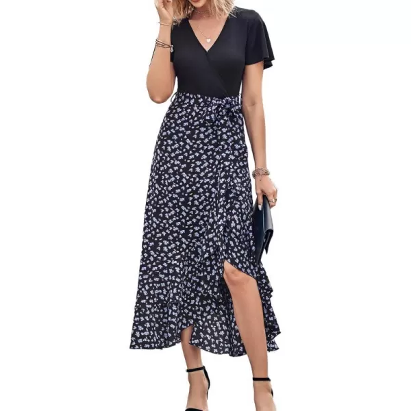 imageBTFBM Women Summer Long Dresses 2023 Short Sleeve V Neck Boho Floral Print Tie Waist High Low Ruffle Cocktail Maxi DressFloral Black Blue
