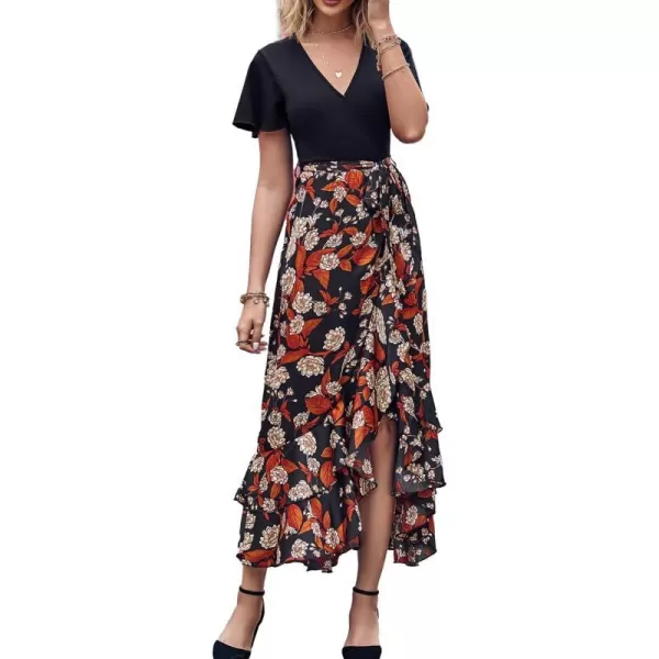 imageBTFBM Women Summer Long Dresses 2023 Short Sleeve V Neck Boho Floral Print Tie Waist High Low Ruffle Cocktail Maxi DressFloral Black Brown