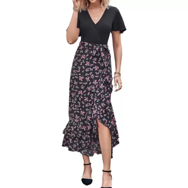 imageBTFBM Women Summer Long Dresses 2023 Short Sleeve V Neck Boho Floral Print Tie Waist High Low Ruffle Cocktail Maxi DressFloral Black Red