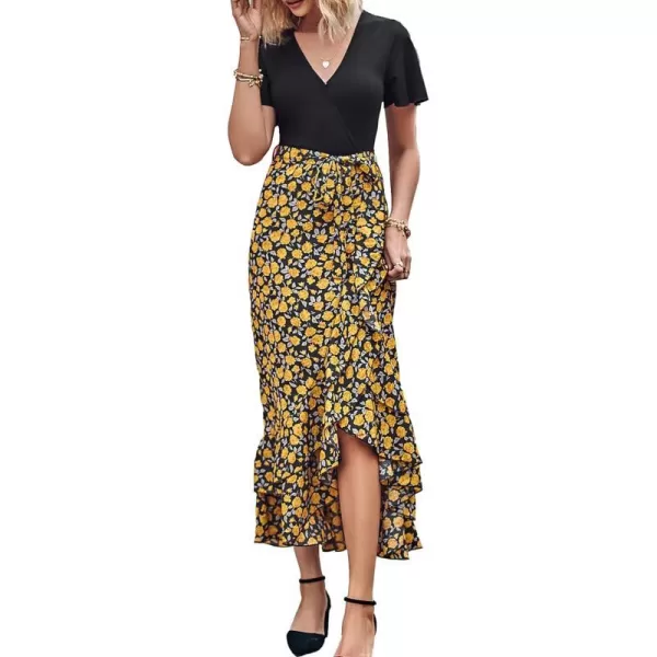 imageBTFBM Women Summer Long Dresses 2023 Short Sleeve V Neck Boho Floral Print Tie Waist High Low Ruffle Cocktail Maxi DressFloral Black Yellow