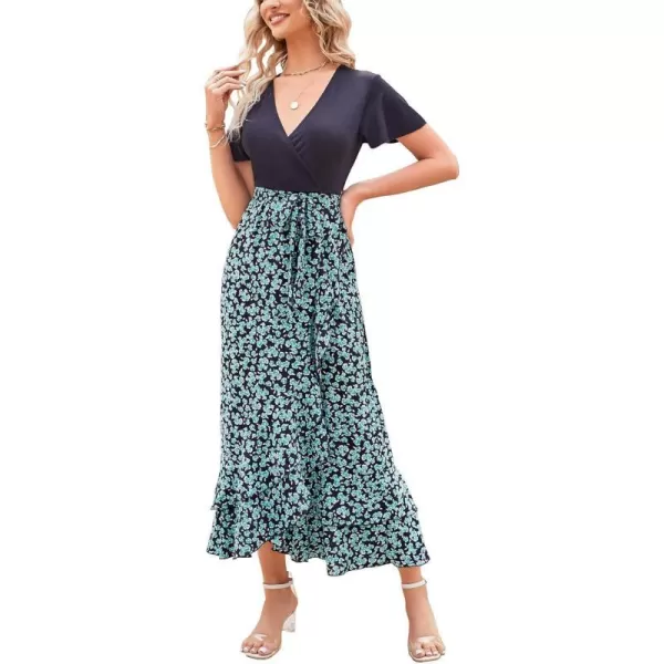 imageBTFBM Women Summer Long Dresses 2023 Short Sleeve V Neck Boho Floral Print Tie Waist High Low Ruffle Cocktail Maxi DressFloral Blue Green