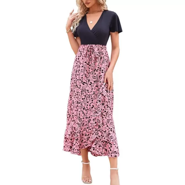 imageBTFBM Women Summer Long Dresses 2023 Short Sleeve V Neck Boho Floral Print Tie Waist High Low Ruffle Cocktail Maxi DressFloral Pink Black