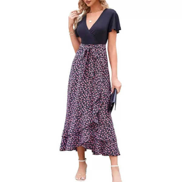 imageBTFBM Women Summer Long Dresses 2023 Short Sleeve V Neck Boho Floral Print Tie Waist High Low Ruffle Cocktail Maxi DressFloral Rose Red