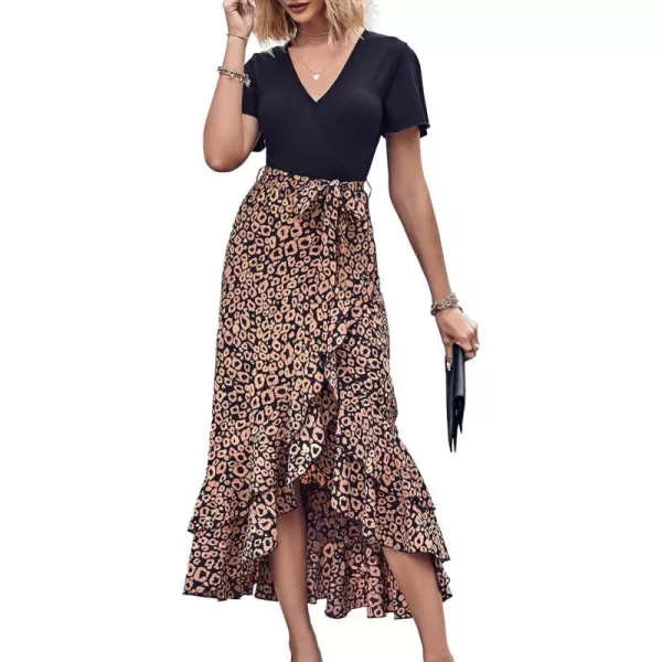 imageBTFBM Women Summer Long Dresses 2023 Short Sleeve V Neck Boho Floral Print Tie Waist High Low Ruffle Cocktail Maxi DressLeopard Black Brown