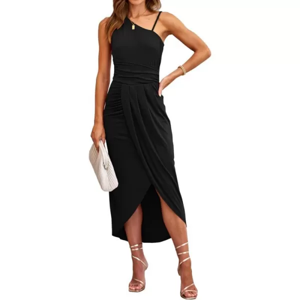 imageBTFBM Women Summer One Shoulder Dress 2023 Spaghetti Strap Sleeveless Ruched Wrap Slit Bodycon Party Casual SundressesSolid Black
