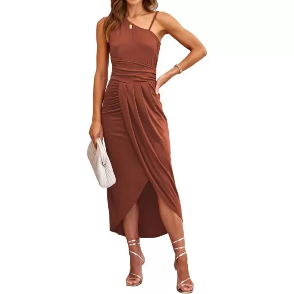 imageBTFBM Women Summer One Shoulder Dress 2023 Spaghetti Strap Sleeveless Ruched Wrap Slit Bodycon Party Casual SundressesSolid Brick Red