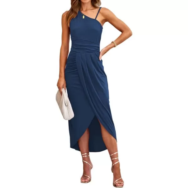 imageBTFBM Women Summer One Shoulder Dress 2023 Spaghetti Strap Sleeveless Ruched Wrap Slit Bodycon Party Casual SundressesSolid Dark Blue