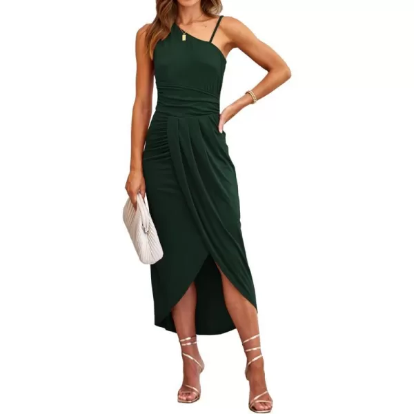 imageBTFBM Women Summer One Shoulder Dress 2023 Spaghetti Strap Sleeveless Ruched Wrap Slit Bodycon Party Casual SundressesSolid Dark Green
