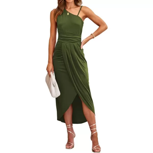 imageBTFBM Women Summer One Shoulder Dress 2023 Spaghetti Strap Sleeveless Ruched Wrap Slit Bodycon Party Casual SundressesSolid Light Army Green