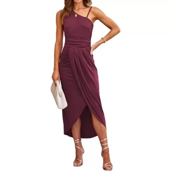 imageBTFBM Women Summer One Shoulder Dress 2023 Spaghetti Strap Sleeveless Ruched Wrap Slit Bodycon Party Casual SundressesSolid Wine Red