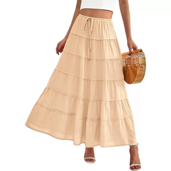 imageBTFBM Women Summer Tiered Maxi Skirt Drawstring Elastic MidWaist A Line Boho Beach Dress Flowy Long Skirts with PocketSolid Apricot