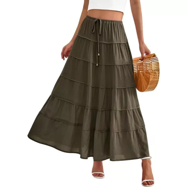 imageBTFBM Women Summer Tiered Maxi Skirt Drawstring Elastic MidWaist A Line Boho Beach Dress Flowy Long Skirts with PocketSolid Army Green