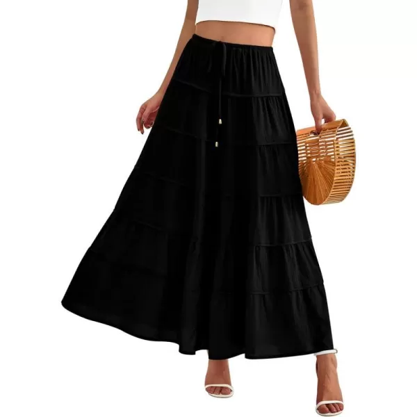 imageBTFBM Women Summer Tiered Maxi Skirt Drawstring Elastic MidWaist A Line Boho Beach Dress Flowy Long Skirts with PocketSolid Black
