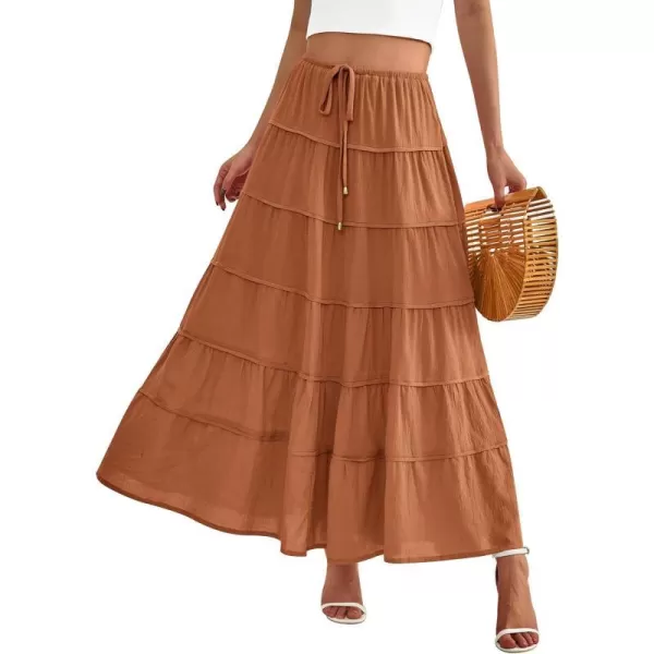imageBTFBM Women Summer Tiered Maxi Skirt Drawstring Elastic MidWaist A Line Boho Beach Dress Flowy Long Skirts with PocketSolid Brown