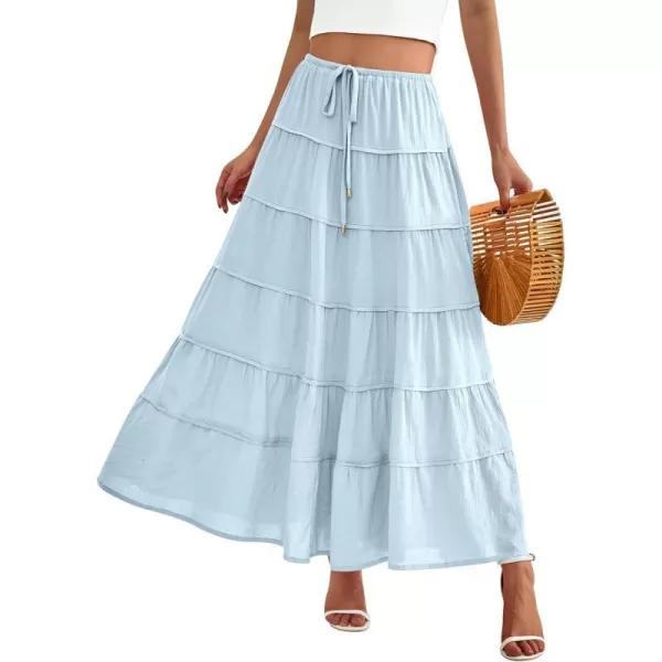 imageBTFBM Women Summer Tiered Maxi Skirt Drawstring Elastic MidWaist A Line Boho Beach Dress Flowy Long Skirts with PocketSolid Light Blue