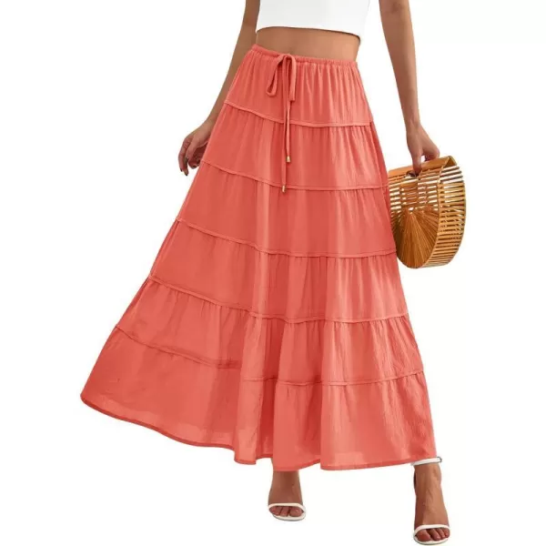 imageBTFBM Women Summer Tiered Maxi Skirt Drawstring Elastic MidWaist A Line Boho Beach Dress Flowy Long Skirts with PocketSolid Orange