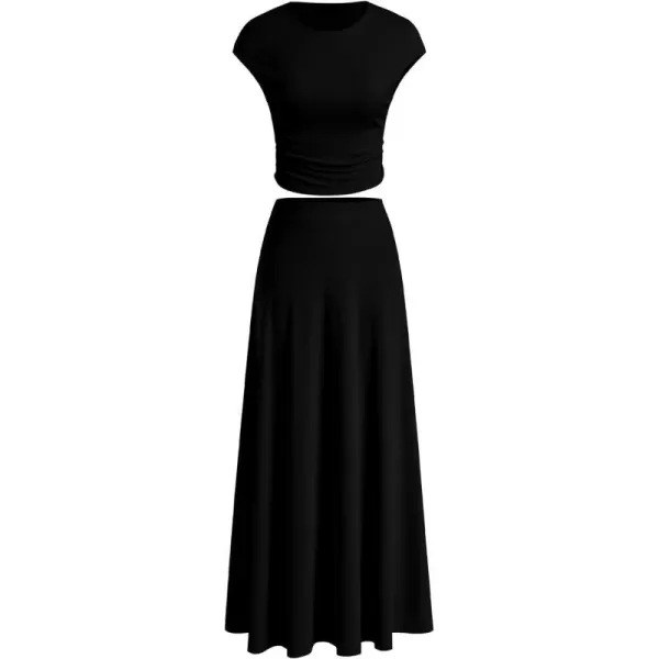 imageBTFBM Women Two Piece Skirt Set Casual Ribbed Knit Crew Neck Short Sleeve Cropped Top Elastic Waist Swing Midi SkirtsSolid Black