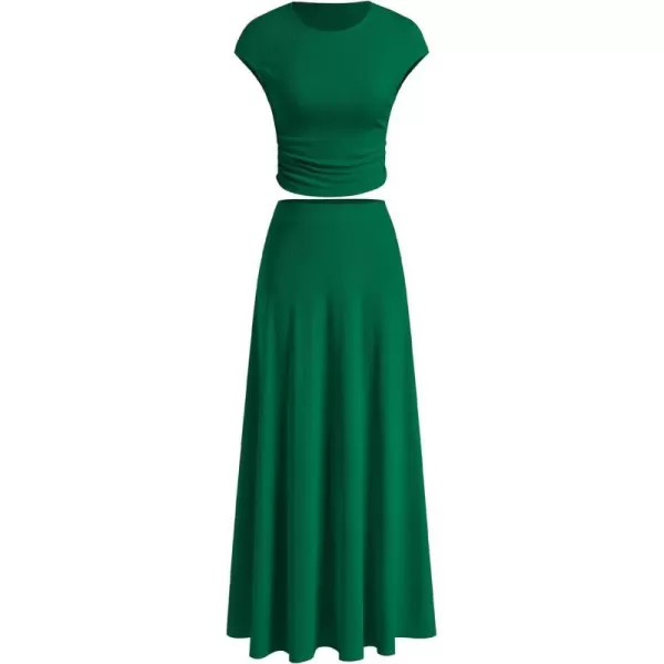 imageBTFBM Women Two Piece Skirt Set Casual Ribbed Knit Crew Neck Short Sleeve Cropped Top Elastic Waist Swing Midi SkirtsSolid Green